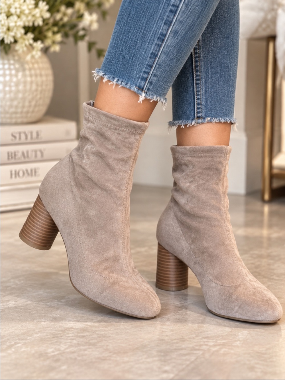 Primark Taupe Suede-Look Sock Ankle Boots Block Heel Size 7